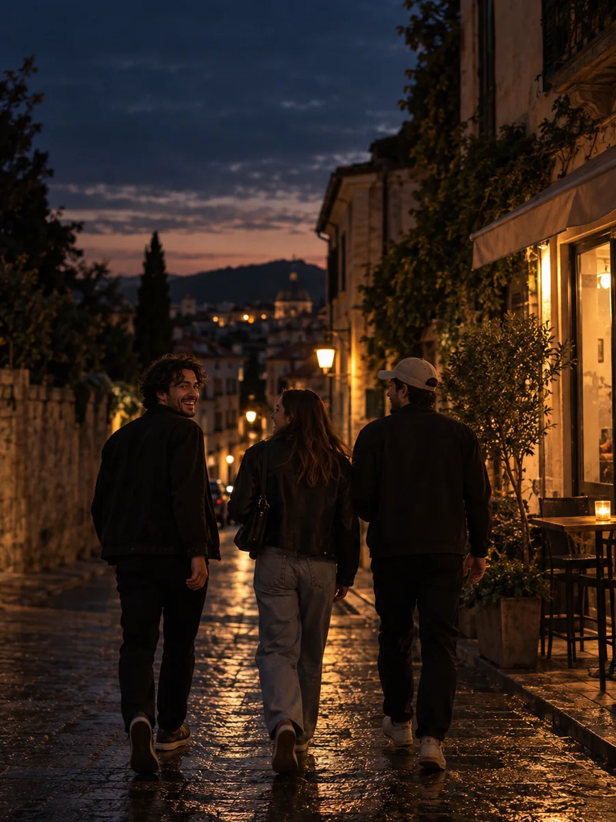 Friends exploring a city street at dusk