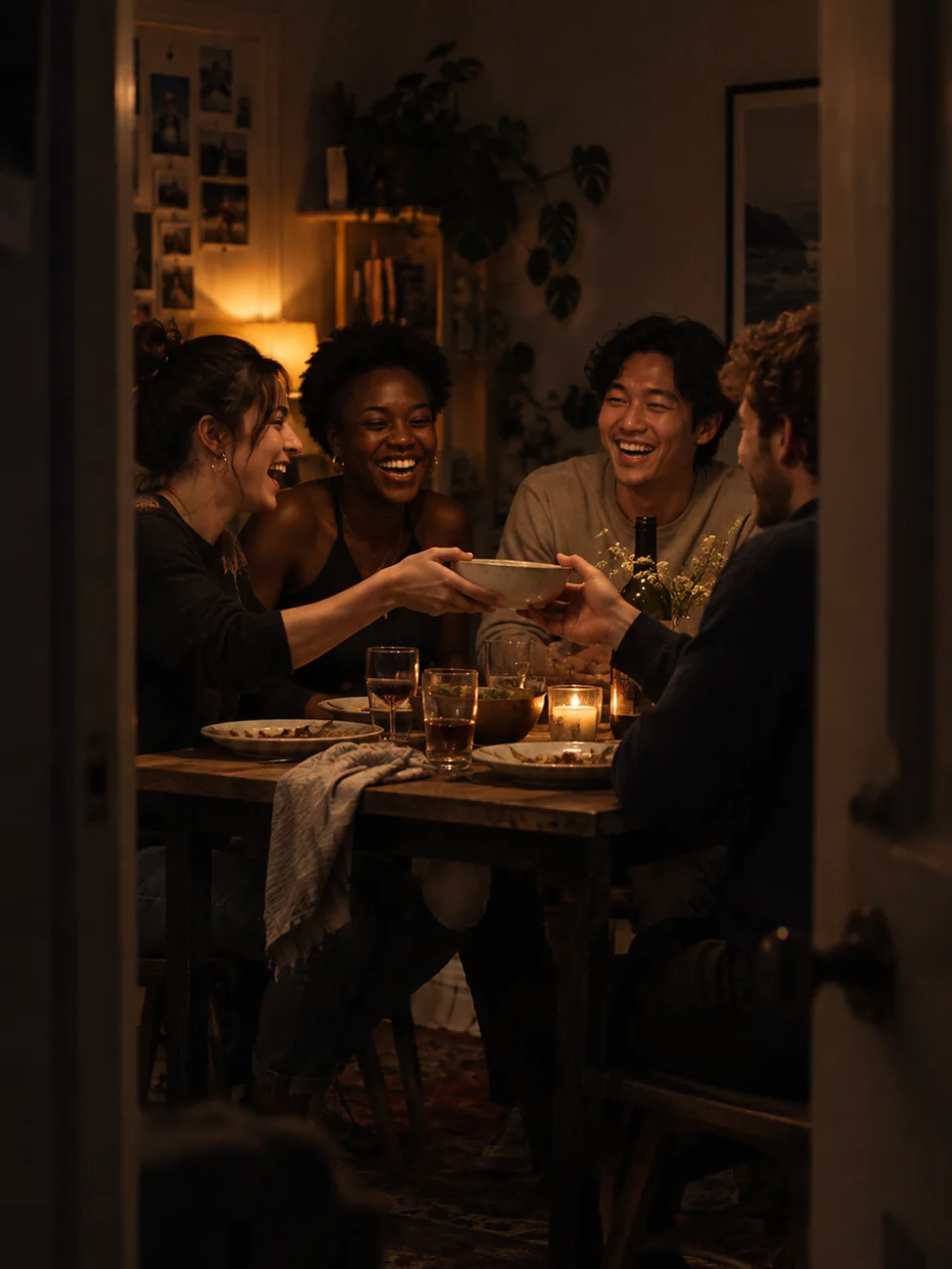 Friends sharing dinner in a warmly lit apartment