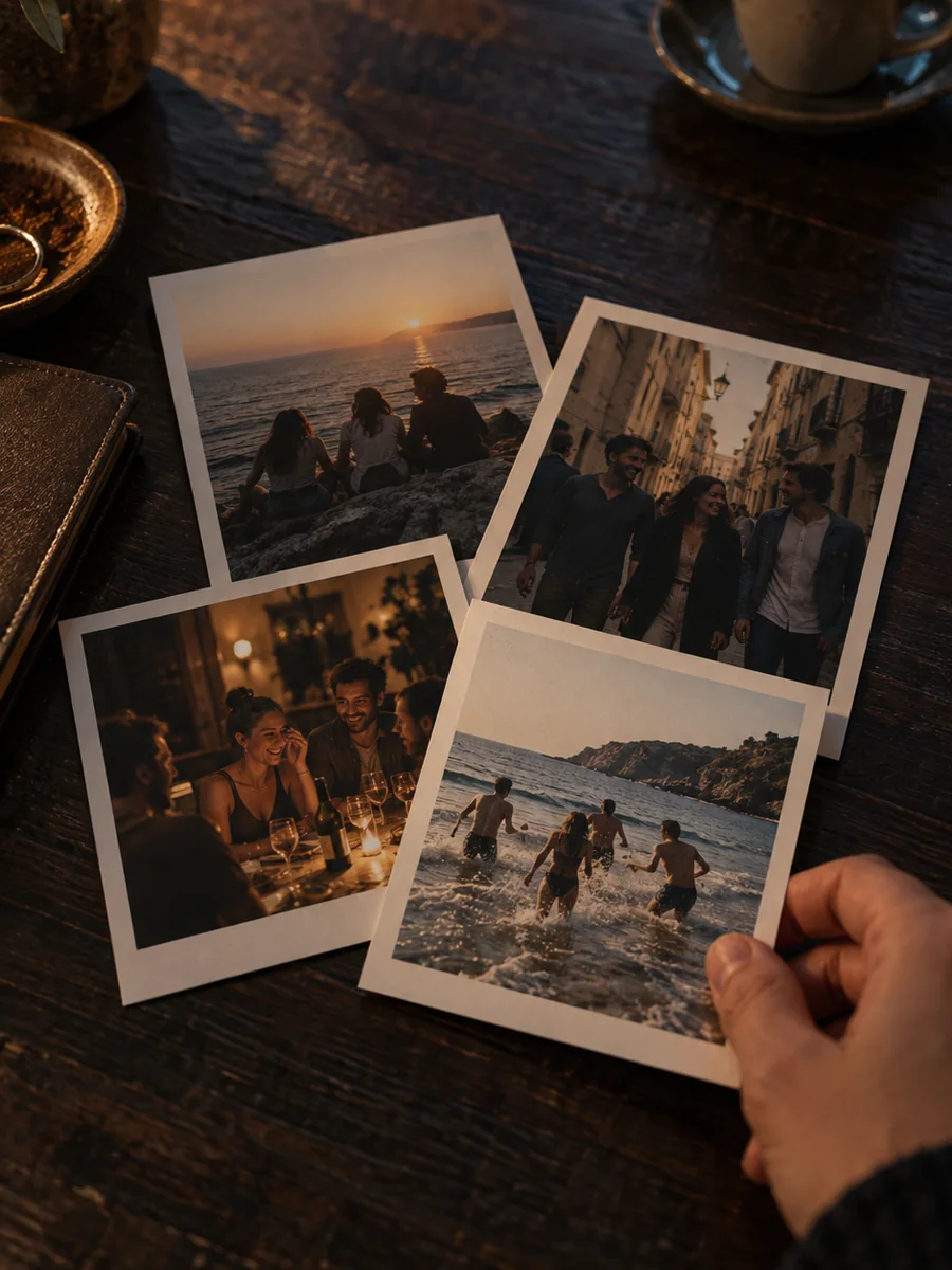 Printed photos of friends on a dark wooden table, one held in a hand