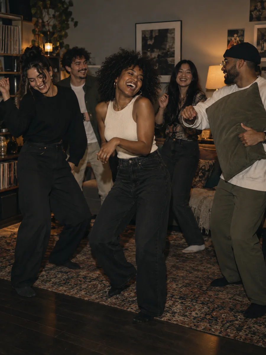 Friends dancing together in a living room